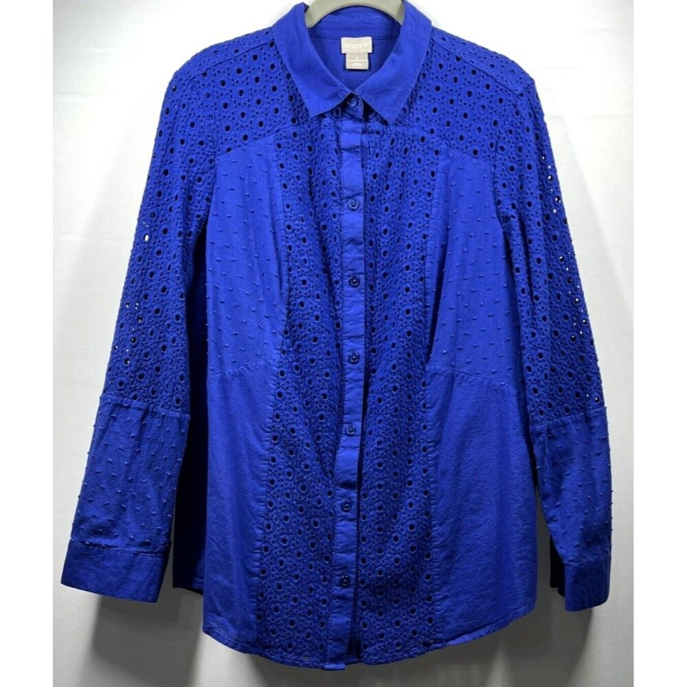 Chicos Blouse Lined L Solid Royal Blue Eyelet But… - image 1